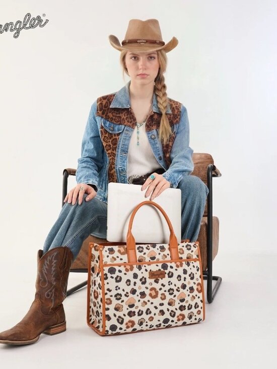 Wrangler Handbags - Wrangler Leopard Print Canvas Oversized Tote with Adjustable Strap Brown